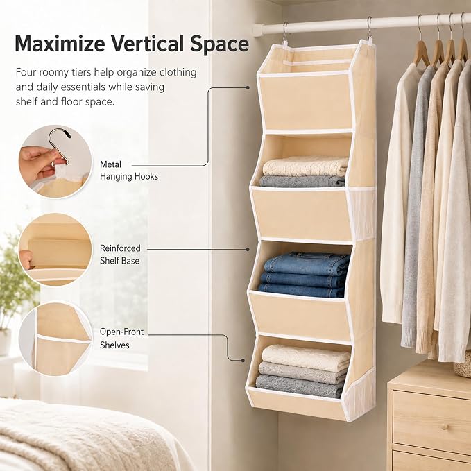 4-Shelf Hanging Closet Organizer and Storage, Fabric Storage Bins Bedroom Organization with Mesh Pockets, Collapsible Hanging Shelves Wardrobe Organization for Home, Dorm, Rv (Beige)