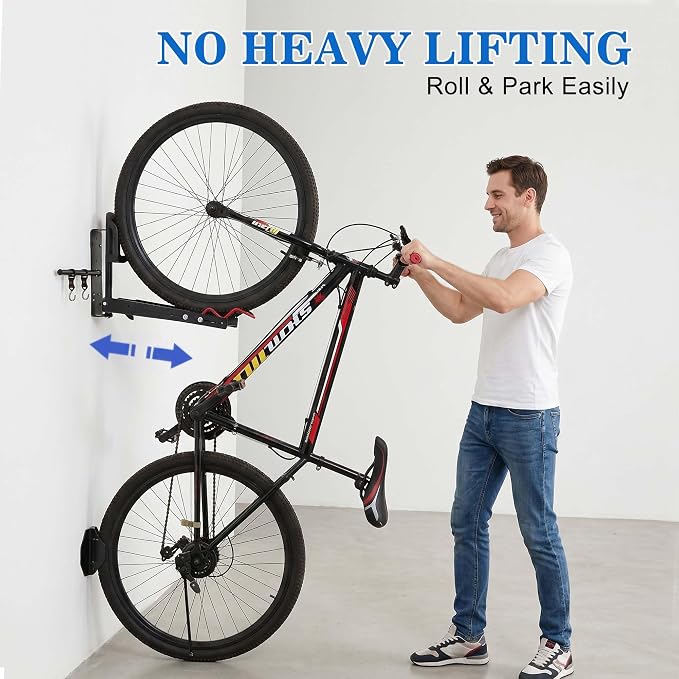 Swivel Bike Wall Mount,No Lift Bike Hangers with Two Extra Storage Hooks | Space Saving Vertical Bike Rack for Home & Garage, Easy to Load and Unload, Bike Rack Garage Hold Up to 80 lbs