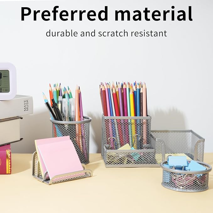 Desk Organizer for Office, 6 Pieces Mesh Desk Multi-functional Storage Set Office Supplies Accessories (Silver)