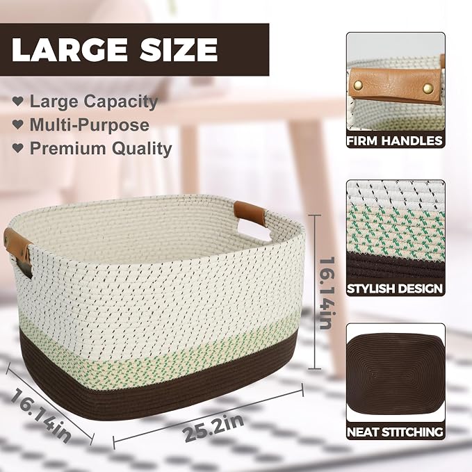 danpinera 108L Large Basket for Living Room, Nursery & Laundry, Kids Toy Basket Storage with Leather Handle, 25’’*16’’*16’’ White & Mottled Green