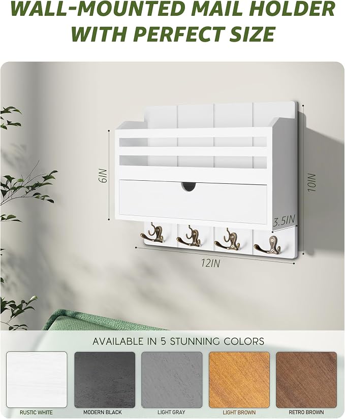 Rebee Vision Mail Organizer Wall Mount with Drawer for Living Room, White | Modern Key and Mail Holder for Wall, Drawer Organizer, 7 Key Hooks, Mail Sorter, Hallway, Office Essentials, Home Decor