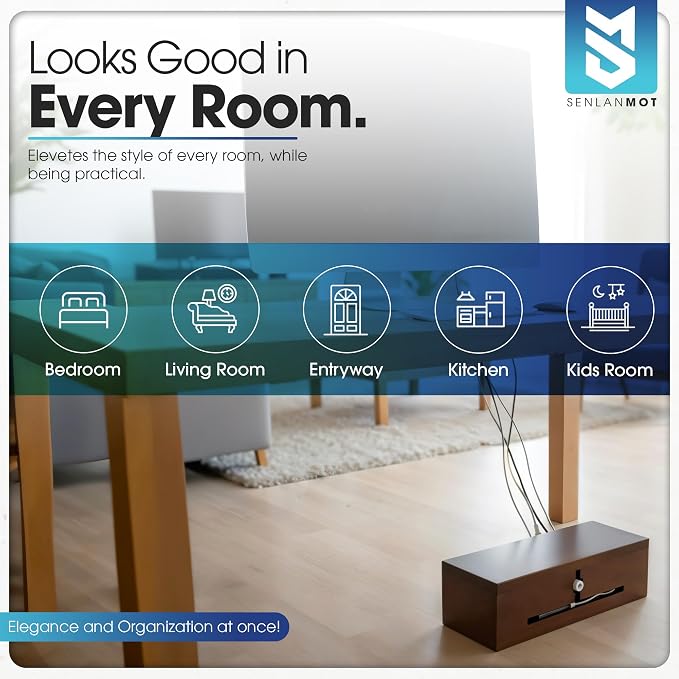 Wooden Cable Management Box – Modern Wire Organizer Box & Power Strip Cover for Home or Office | Large Cable Hider for Wires, Chargers & Extension Leads