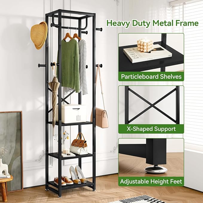 IBUYKE Freestanding Coat Rack,with 3 Shelves and 8 Hooks,Black UTMJ088B | Metal Frame,Industrial Hall Tree,Clothes Stand for Entryway, Hallway, Bedroom,Office, Living Room