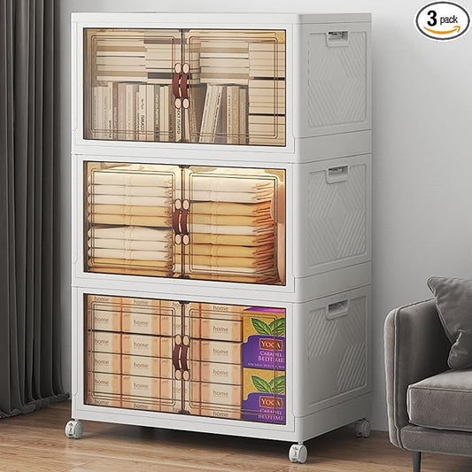 UAMFURI Stackable Storage Bins with Lids, 360QT Lockable Storage Cabinet | Folding Storage Box with Doors and Wheels, Collapsible Plastic Drawers for Home, Garage, Office