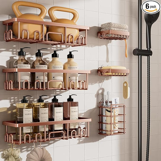 Veken Shower Caddy 6-Pack, No Drilling & Rustproof, Waterproof Adhesive Shelves Rack with Soap Holder, Large Capacity Bathroom Organizers and Storage, Wall-Mounted Kitchen & Home Decor, Rose Gold