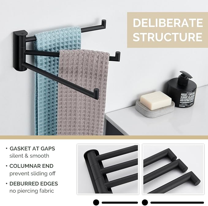 Angle Simple Kitchen Towel Rack, Swivel 3 Bars, Matte Black, 9.84" | SUS304 Stainless Steel Hand Towel Holder for Bathroom Laundry Wall, Foldable Arms Washcloth Hanger, Screws Mounted