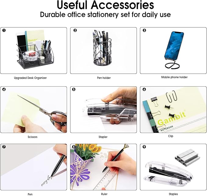 KAAKOW Black Desk Organizers and Accessories Office Supplies Set Stapler, Pen Holder, Phone Holder, Scissors, Pen, Ruler, 30 Paper Clips, 22 Binder Clip, 20 Tacks and 1000pcs Staples