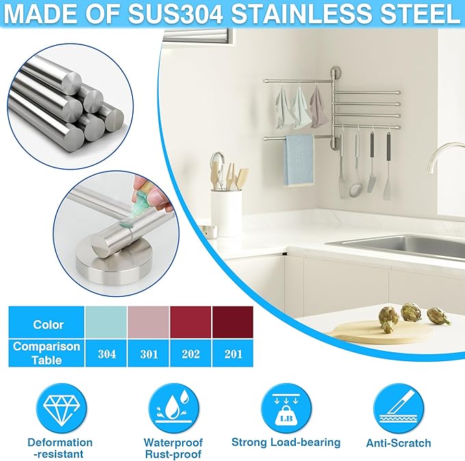 Alise Swivel Towel Rack 13.9", 6 Arm Swing Out Towel Bar, Brushed Nickel | Space Saving Swing Arm Towel Rack for Bathroom Kitchen, 180° Rotating, SUS304 Stainless Steel