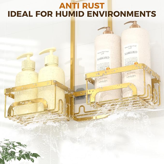 REINHARDT Split Shower Caddy Hanging for Handheld Showerheads, Gold | Adjustable Shower Organizer, Rustproof, 16 Hooks, Soap Holder, 40lbs Capacity, Anti-Slip, Tool-Free, Bathroom Accessories