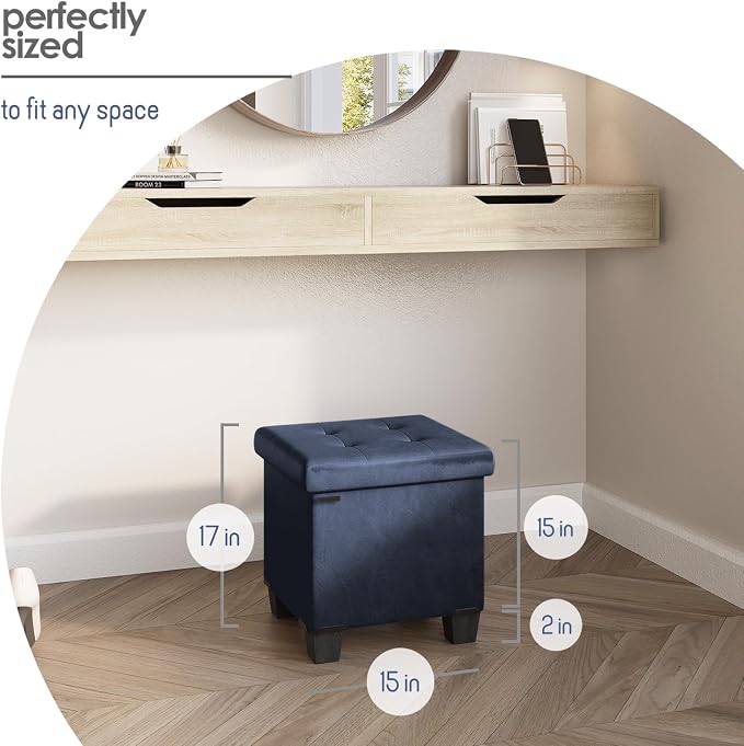 Storage Ottoman Cube with Small Bin, 15-in Square Ottoman with Storage for Living Room and Bedroom, Small Ottomans Foot Rest, Leather Foot Stools Ottomans Max 330lbs, Blue