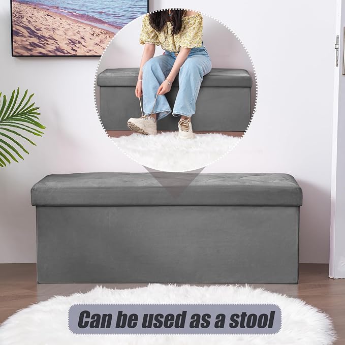 BRIAN & DANY 43 Inches Folding Storage Ottoman Bench, Velvet Ottoman with Storage for Living Room, Bedroom, Entryway, Ottoman Foot Rest, End of Bed Bench (Gray)