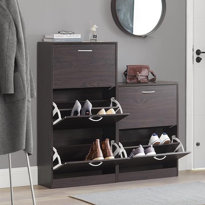 Haotian Narrow Shoe Cabinet for Entryway | Slim Freestanding Shoe Rack with 2 Flip-Drawers, Hidden Storage Shoe Organizer Hallyway Mudroom, Brown, FSR110-K-BR