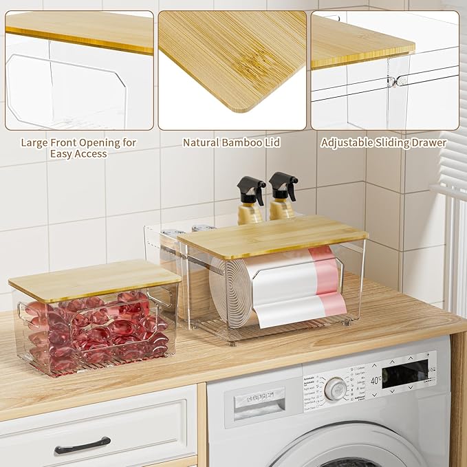 spospo Trash Bag Holder 2-in-1 Under Sink Organizer with Bamboo Lid | Acrylic Trash Bag Dispenser with Pull-Out Basket for Cleaning Supplies, Garbage Bag Holder for Kitchen Laundry Room Storage