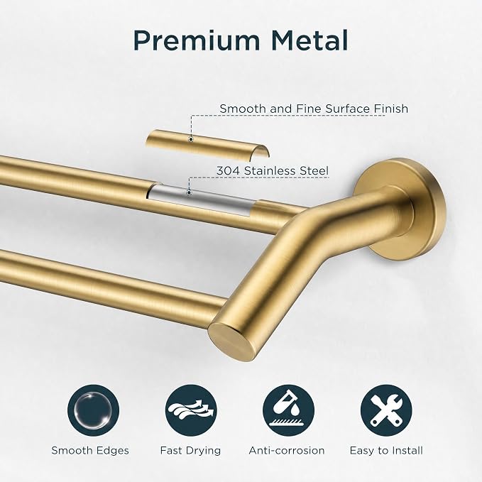 FORIOUS Double Towel Bar 24", Bathroom Towel Holder Rod Wall Mounted Gold | Heavy Duty Towel Racks for Bathroom Bedroom, Space Saving, Rustproof, Stainless Steel Towel Holder, Total Length 26 Inch