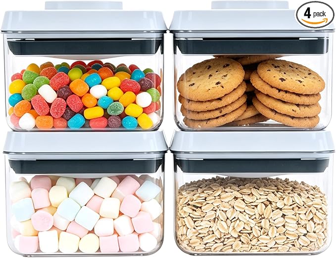 Pop Push Button Airtight Food Storage Containers 4 Pack (0.7Qt) | BPA-Free Stackable Square Canisters for Nuts, Candy, Spices, Pet Treats, Small Snacks