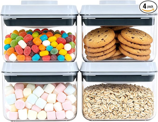 Pop Push Button Airtight Food Storage Containers 4 Pack (0.7Qt) | BPA-Free Stackable Square Canisters for Nuts, Candy, Spices, Pet Treats, Small Snacks