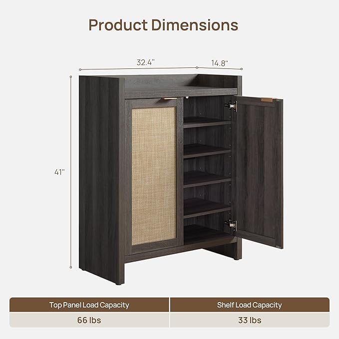 SICOTAS Shoe Cabinet Set of 2 Large Capacity Shoe Storage Organizer Cabinet | Tall Rattan Shoe Cabinet with Doors and Shelves, 6-Tier Farmhouse Boho Wooden Storage Cabinet for Entryway, Black Oak