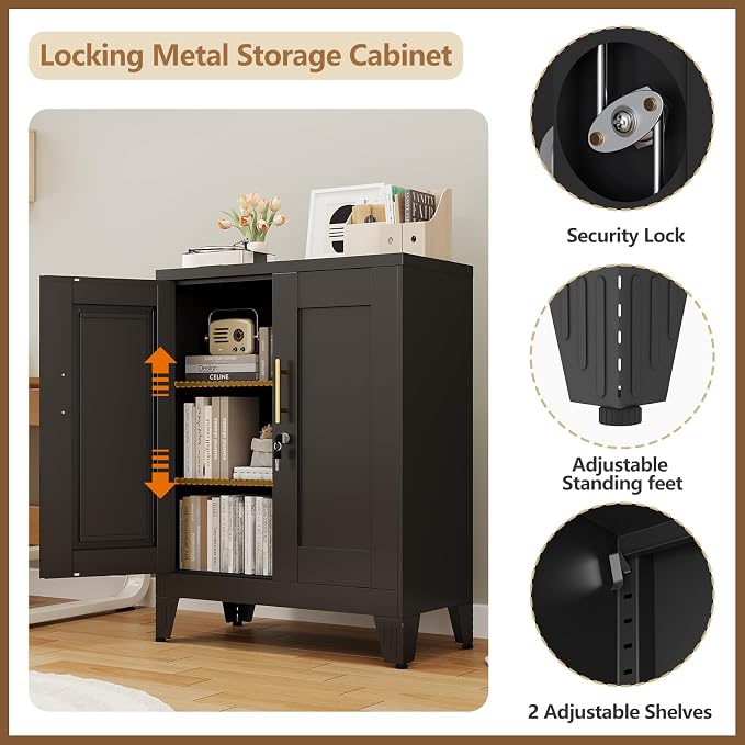 GAIOUS 36" Tall Metal Storage Cabinet with Lock, Locking Cabinet with 2 Doors and 2 Adjustable Shelves, Black Bathroom Floor Cabinets, Freestanding Locked File Cabinets for Home/Office/Garage