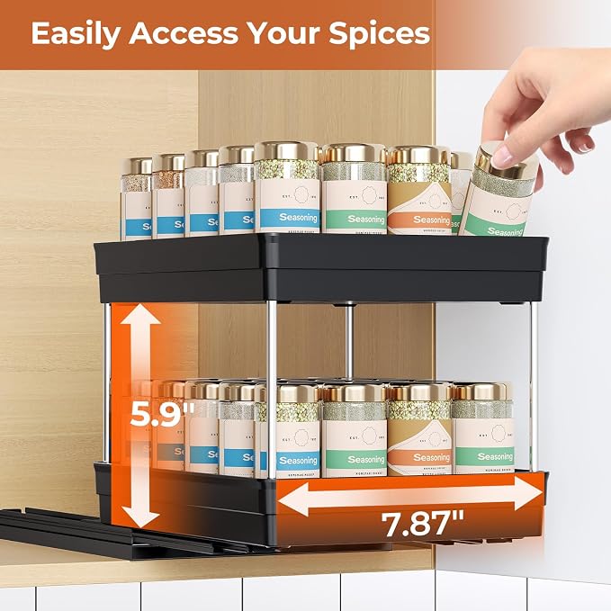 Mystozer Pull Out Spice Rack Organizer for Cabinet, Slide Out Spice Racks Organizer, Easy to Install Spice Cabinet Organizers, 8.26''Wx10.62''Dx8.66''H, 2 Packs-2 Tiers (Black)