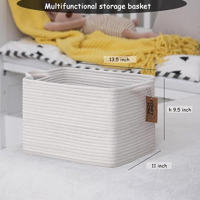 COMFY-HOMI 3PACK Cotton Rope Square Basket with Handles for Shelves| Storage|Baby Basket for GIF|Shoe Basket for Organizing|New13.5" x 11" x 9.5" for Living Room