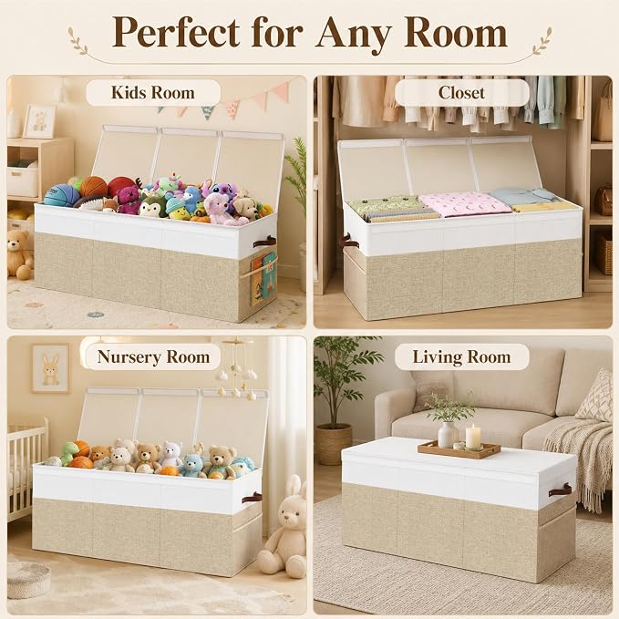 150L Extra Large Toy Storage Box with Lid for Boys Girls Nursery Playroom | Collapsible with Lid, Removable Divider, 40"x14"x16", Side Pockets, For Nursery, Living Room, Playroom