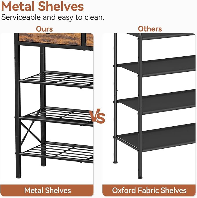 4 Tier Shoe Rack with 2 Drawers, 12-16 Pairs Rustic Brown | Holds 12-16 pairs. 2 drawers for socks/keys. Removable layer for boots. Anti-tip kit. Quick assembly.