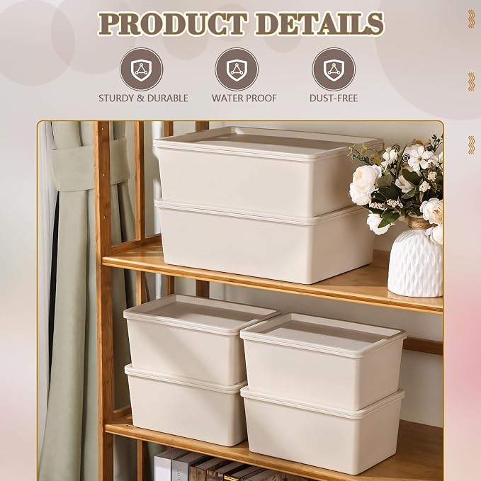 6 Pcs Large and Small Plastic Storage Bins with Lids 14.4 x 10.4 x 5.1 Inch Stackable Storage Containers Decorative Cubby Organizer for Clothes Shelves Garage Closet Office (White)