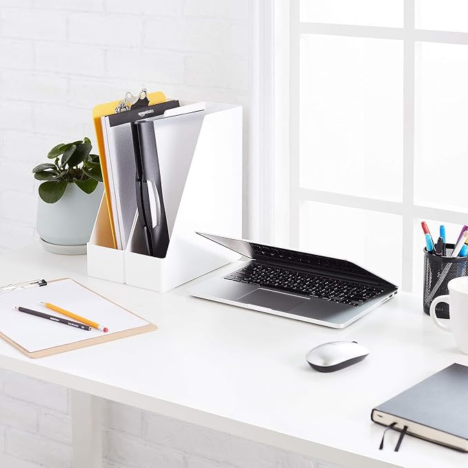 Amazon Basics Rectangular Plastic Desk Organizer, Magazine Rack, White, 2-Pack
