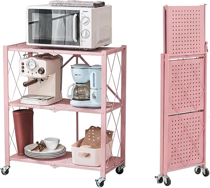 BRIAN & DANY 3-Tier Foldable Storage Shelves with Wheels, No Assembly Folding Shelf Metal Rack, Shelving Unit for Kitchen, Garage, Pink