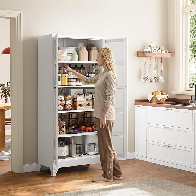 Yizosh Metal Storage Cabinet with 2 Doors and 4 Adjustable Shelves,- 71" White Kitchen Pantry Storage Cabinet for Kitchen,Dining Room,Living Room