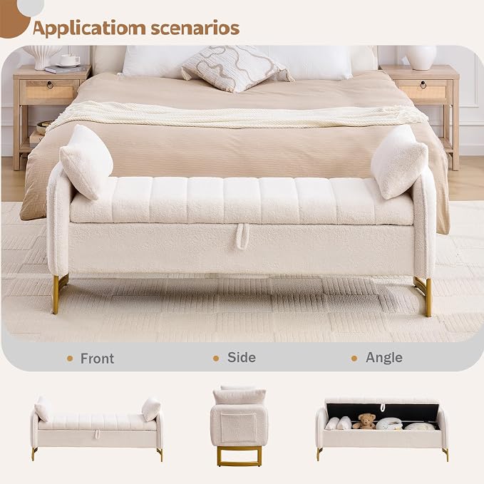 66" End of Bed Bench King Size, Teddy Boucle Storage Bench for Bedroom Foot of Bed, Storage Ottoman Bench with Golden Legs and Pillows for Living Room Window Entryway, White
