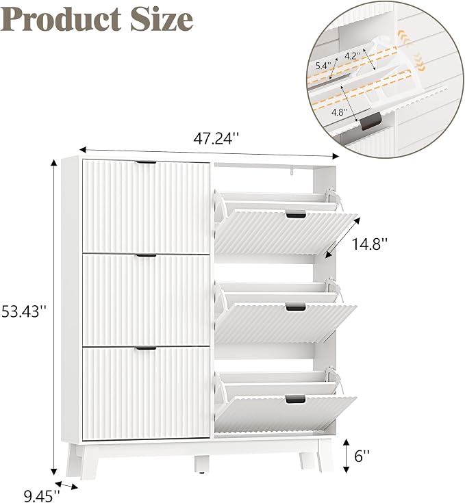 HUANLEGO Shoe Cabinet Storage for Entryway with 6 Flip Drawers, Fluted Narrow Shoe Organizer with Wooden Legs, Freestanding Slim Shoe Storage Hidden Shoe Rack Organizer for Front Door Entrance, White