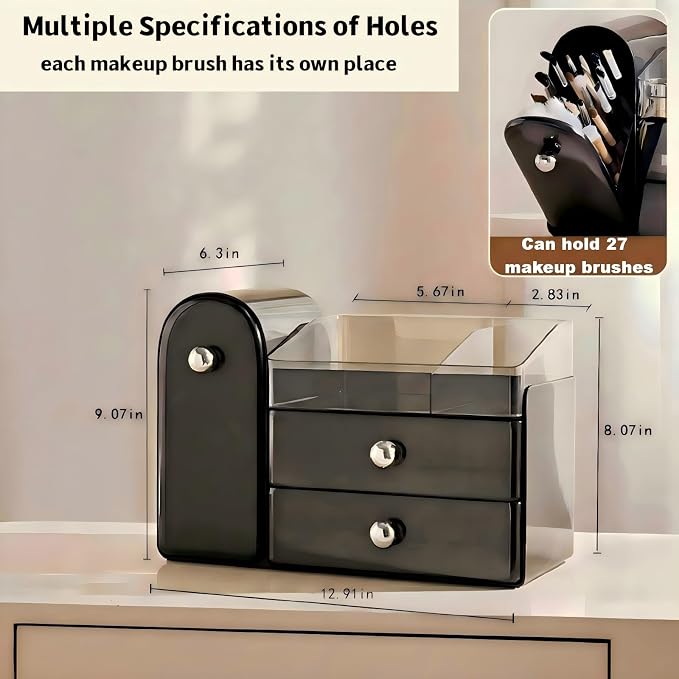 Makeup Organizer for Vanity with Brush Holder,Skincare Organizer | Large Makeup Storage,Bathroom Counter Organizer,Waterproof,Dustproof,Vanity Organizer Countertop,Durable,Easy-Clean,Black