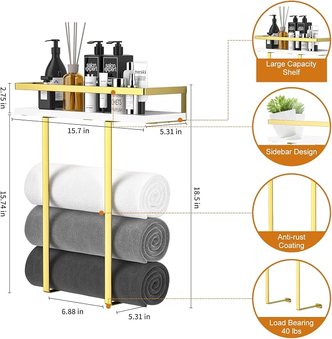 Towel Racks for Bathroom Wall Mounted, Metal Towel Holder with Wooden Shelf for Folding Large Towels, Towel Storage for Small Bathroom Organizer Decor or RV Camping,Golden