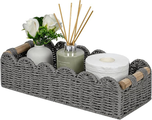 CubesLand Scalloped Toilet Paper Storage Basket W/Handle for Home Decor | Paper Rope Toilet Organizer Basket for Countertop, Over Toilet Shelf, End Table, Living Room Cozy Decorative & More, Grey