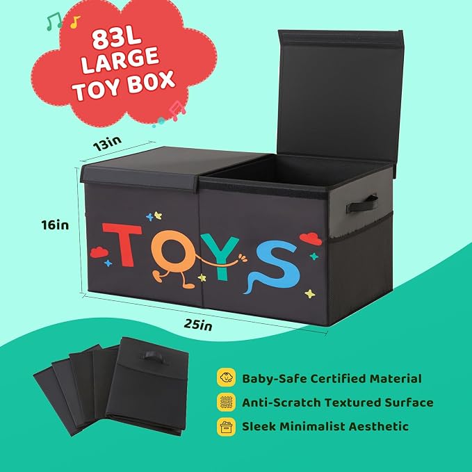 Large Toy Box with Lid,Collapsible Toy Storage with Dividers,Black | 25"x13"x16",83L Large Capacity,Sturdy Kids Organizer,Toybox,Toy Chest for Boys & Girls,Living Room,Nursery,Bedroom,Playroom