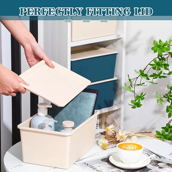 4 Pcs Storage Bins with Lids Plastic Stackable Containers for Classroom Room Organizing Shelves Christmas Ornament Box Baskets(Beige, Blue,Small)