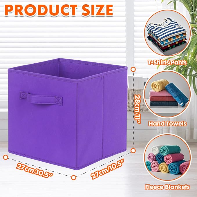 PowerKing Collapsible Storage Cubes, Farbic Storage Bins, Violet, 6 Pack | Sturdy, Lightweight, Easy Pull Handle, Closet & Shelf Organizer, Clothes and Toys Storage, 10.5'' x 11'' x 10.5''