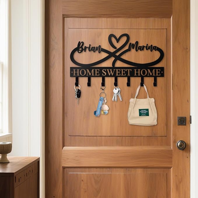 Personalized Couple Key Holder for Wall, Custom Heart Name Hooks | Heart infinity metal key rack for bedroom decor, rust-resistant finish, ideal wedding, anniversary and new home gift
