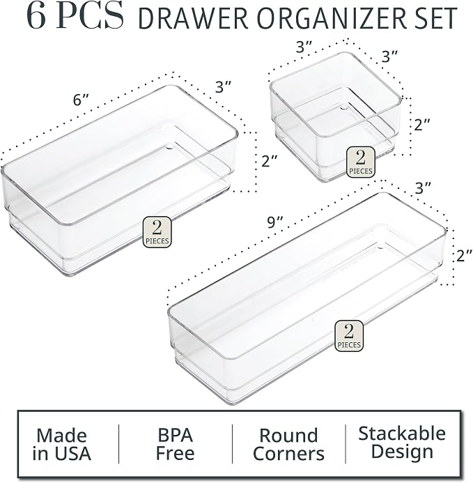 STORi SimpleSort Drawer Organizer Bins 6 pc Set, Multi-size, Bathroom Organizers and Storage, Makeup Organizer, Desk Organizer, Vanity Organizer, Clear Organizing Containers, Made in USA