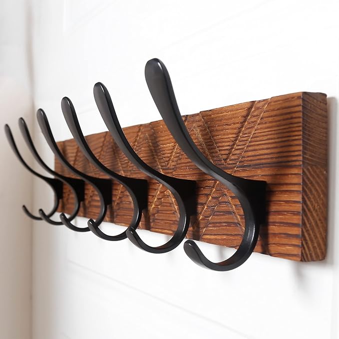 SKOLOO Coat Rack Wall Mount - Antique Wooden Carved- X Cross Coat Hook,Pack of 2, Wall Coat Hanger with 6 Hooks for Hanging Coats, Hats, Clothing, Scarfs, Brown & Black