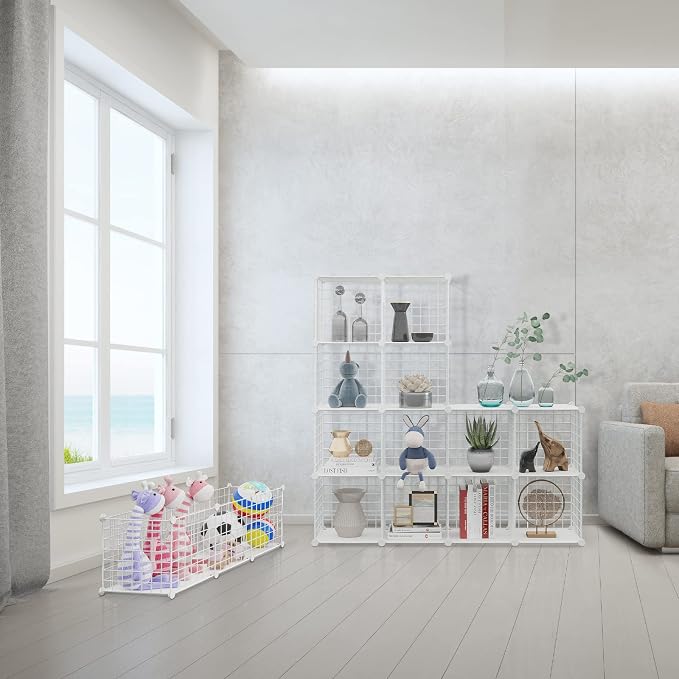 HUBSON Wire Cube Storage Organizer, Book/Toy/Craft/Potted Plants and Pet Closet Organizers, 16-Cube Freely Combinable Metal Grid Storage Shelves, White Plus Iron