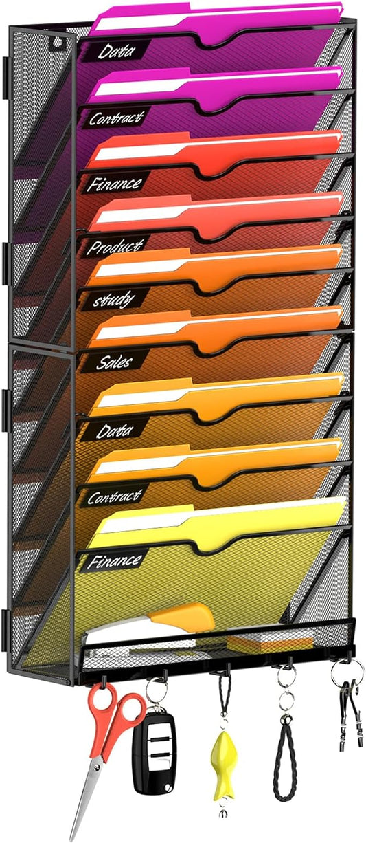10-Tier Wall File Organizer with Base and Hooks, Hanging Organizer, Black | Wall Organizer and Wall File Holder with 10 Vertical Pockets and Bottom Tray for Files, Mail, Folders, Magazines and Paper