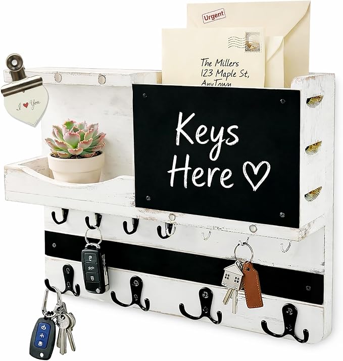 Key Holder for Wall Mount with Shelf and Mail Organizer, Key and Mail Holder with 16 Hooks, Farmhouse Entryway Organizer, Home Decor Rack (Pine Wood, White Washed)