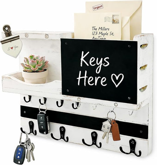 Key Holder for Wall Mount with Shelf and Mail Organizer, Key and Mail Holder with 16 Hooks, Farmhouse Entryway Organizer, Home Decor Rack (Pine Wood, White Washed)