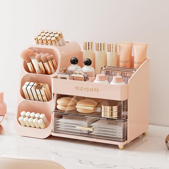 UFORU Makeup Organizer Countertop with Brush Holder for Vanity Bathroom | Large Capacity, Thickened Plastic, 2 Clear Drawers, Compact Size, Detachable Brush Holder, Divided Compartments, Easy Access