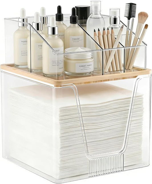 SPOSPO 2 in 1 Disposable Facial Towel Holder and Cosmetic Organizer | Clear Storage with Bamboo Lid Compatible with Clean Skin Club Towel XL, Vanity Organizer for Bathroom Vanity Counter (1 Pack)