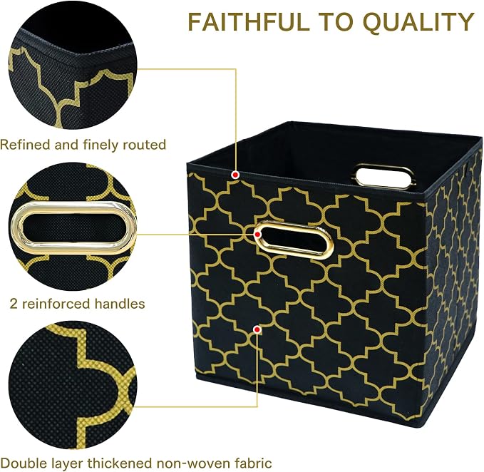 Fabric Cloth Storage Bins,Fabric Cube Organizer with Dual Handles Foldable Cube Storage Baskets for Home Bedroom Storage,Set of 3,(Black Gold)