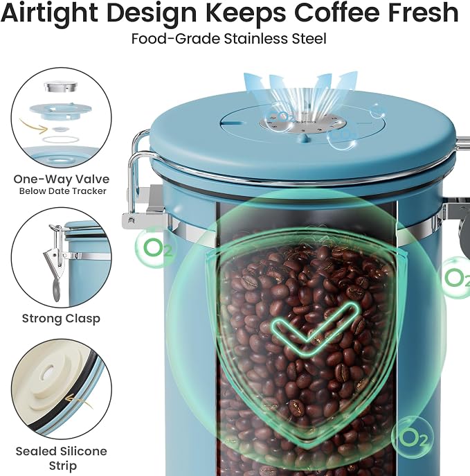 Veken Coffee Canister with Window, Airtight Stainless Steel Container, 22OZ | Date Tracker,Kitchen Food Storage Organizers for Beans, Ground, Espresso, Rice,Tea, Sugar,Cereal, Gifts,Lids,Jars,Scoop, Blue