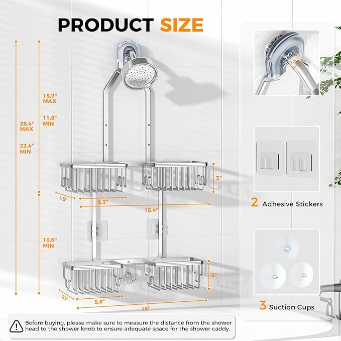 Adjustable Aluminum Shower Caddy Hanging for Handheld Showerhead, Silver | Rustproof Aluminum, Shower Organizer, Anti-Slip, Quick-Drain Shelf, 40lbs Capacity, Suction Cups, 8 Hooks, Razor Soap Holders